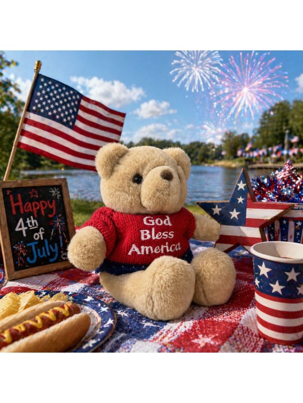 Vintage Style Patriotic Teddy Bear Plush God Bless America 4th July Decor Gift